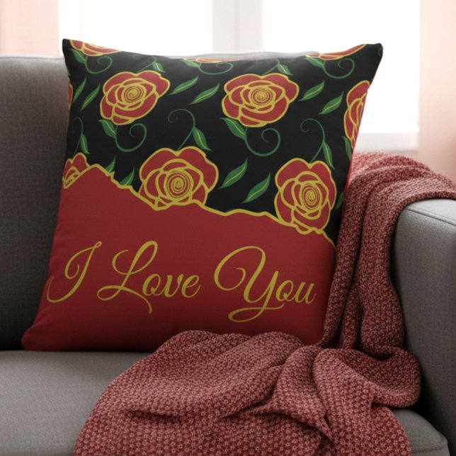 Rode Zwarte Rozen Houden Van Jou Kussen (Romantic message pillow in black and red, covered by roses. Perfect for Valentines gift.)