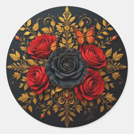 Rode & Zwarte Rozen Romantische Bloei Ronde Sticker (Voorkant)