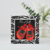 Rode Zwarte Schoenen Rode Zebra Baby Meisje Douche Kaart (Staand voorkant)