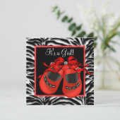 Rode Zwarte Schoenen Rode Zebra Baby Meisje Douche Kaart (Staand voorkant)