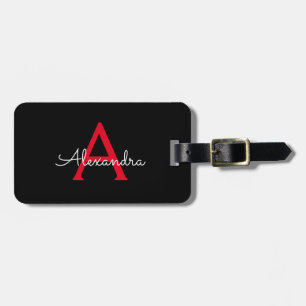 Rode Zwarte Script Meisjes Monogram Naam Bagagelabel