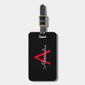 Rode Zwarte Script Meisjes Monogram Naam Bagagelabel (Voorkant verticaal)