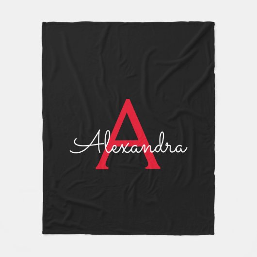 Rode Zwarte Script Meisjes Monogram Naam Fleece Deken (Voorkant)