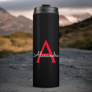 Rode Zwarte Script Meisjes Monogram Naam Thermosbeker