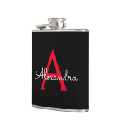 Rode Zwarte Script Meisjesachtig Monogram Naam Heupfles (Links)