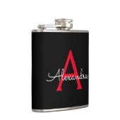 Rode Zwarte Script Meisjesachtig Monogram Naam Heupfles (Rechts)