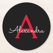 Rode Zwarte Script Meisjesachtige Monogram Naam Ronde Kartonnen Onderzetter (Voorkant)