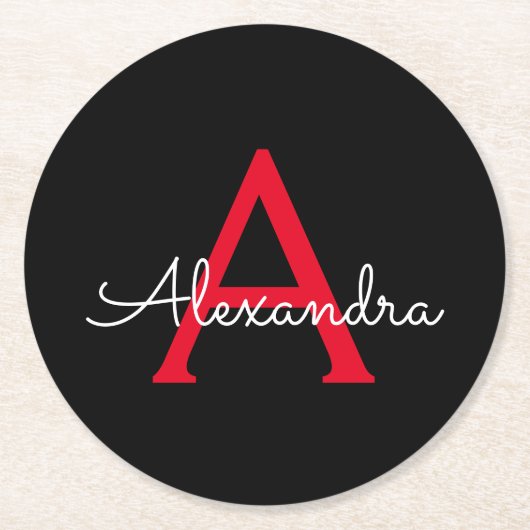 Rode Zwarte Script Meisjesachtige Monogram Naam Ronde Kartonnen Onderzetter (Voorkant)