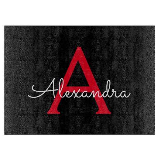 Rode Zwarte Script Meisjesachtige Monogram Naam Snijplank (Voorkant)