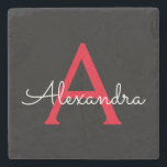 Rode Zwarte Script Meisjesachtige Monogram Naam Stenen Onderzetter<br><div class="desc">Zwarte en Rode Eenvoudige Script Monogram Naam Steen Tegels. Dit is het perfecte afstudeergeschenk,  zoete 16 verjaardag,  bruiloft,  bruidsfeest,  jubileum,  babyfeestje of vrijgezellenfeest cadeau voor iemand die van glamour luxe en chic stijlen houdt.</div>