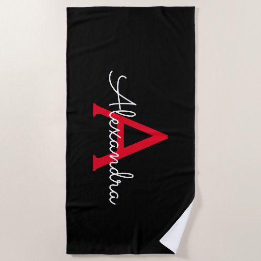 Rode Zwarte Script Meisjesachtige Monogram Naam Strandlaken (Voorkant)