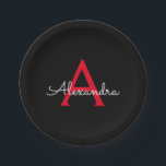 Rode Zwarte Script Meisjesnaam Monogram Papieren Bordje<br><div class="desc">Rode en Zwarte Monogram Plaats hier je eigen naam Script Feestborden. Dit is het perfecte cadeau voor een 16e verjaardag,  trouwdag,  bruidsfeest,  jubileum,  babyshower of vrijgezellenfeest voor iemand die houdt van glamour luxe en chic stijl.</div>