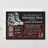 Rode zwarte sneaker bal verjaardagsfeestje kaart (Voorkant)