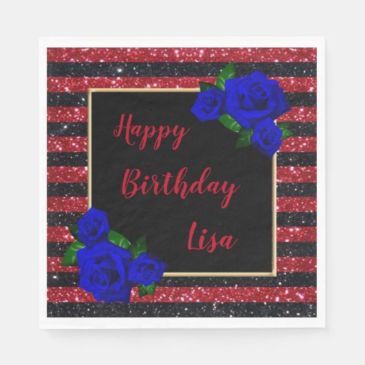Rode zwarte strepen Glitter Deep Blue Rozen Birthd Servet (Voorkant)