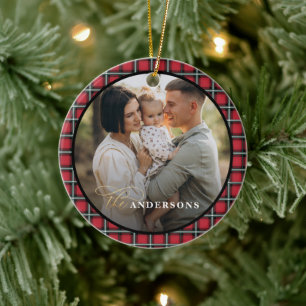 Rode zwarte tartan foto gepersonaliseerde kerst keramisch ornament