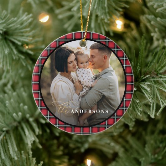 Rode zwarte tartan foto gepersonaliseerde kerst keramisch ornament (Boom)