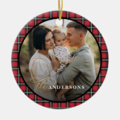 Rode zwarte tartan foto gepersonaliseerde kerst keramisch ornament (Voorkant)