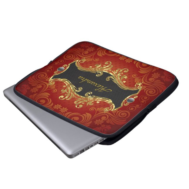 Rode zwarte tonnen en  gouddraaikolk laptop sleeve (Voorkant onderkant)