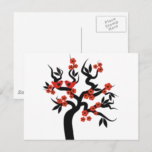 Rode zwarte Tortelduifjes sakura cherry tree & Blo Briefkaart (Voorkant / Achterkant)