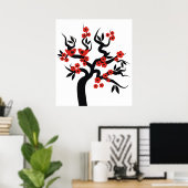 Rode zwarte Tortelduifjes sakura cherry tree & Blo Poster (Thuiskantoor)