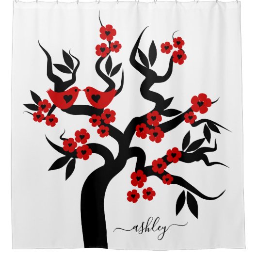 Rode zwarte Tortelduifjes sakura kersboom en bloes Douchegordijn (Voorkant)