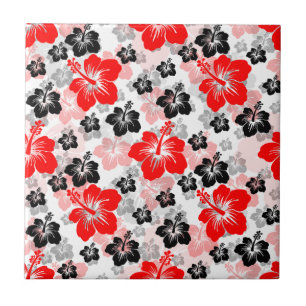 Rode Zwarte Tropische Hibiscus Bloemendruk  Tegeltje