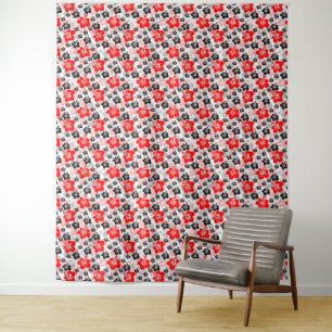 Rode Zwarte Tropische Hibiscus Bloemendruk Wandkleed