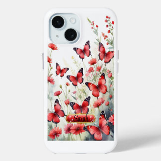 Rode & Zwarte Vlinders Bloemen iPhone / iPad hoesj 15 Case