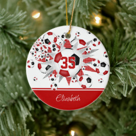Rode zwarte voetballen sterren keepsake keramisch ornament