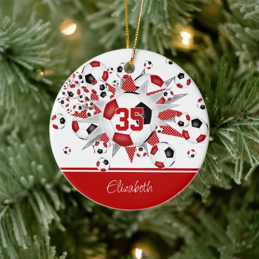 Rode zwarte voetballen sterren keepsake keramisch ornament (Boom)
