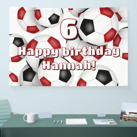 Rode zwarte voetballen verjaardagsfeest spandoek (Beurs)