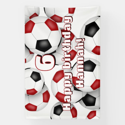 Rode zwarte voetballen verjaardagsfeest spandoek (Verticaal)