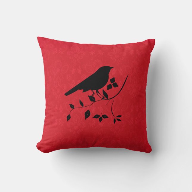 Rode zwarte  vogel op het kantonkussen van de Tak Kussen (Voorkant)