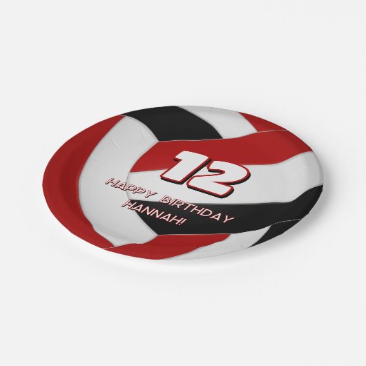 Rode zwarte volleyballen verjaardag of teamfeest papieren bordje (Gekanteld)