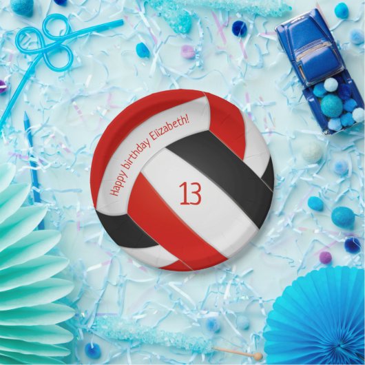 rode zwarte volleybalmeisjes verjaardag papieren bordje (Feest)