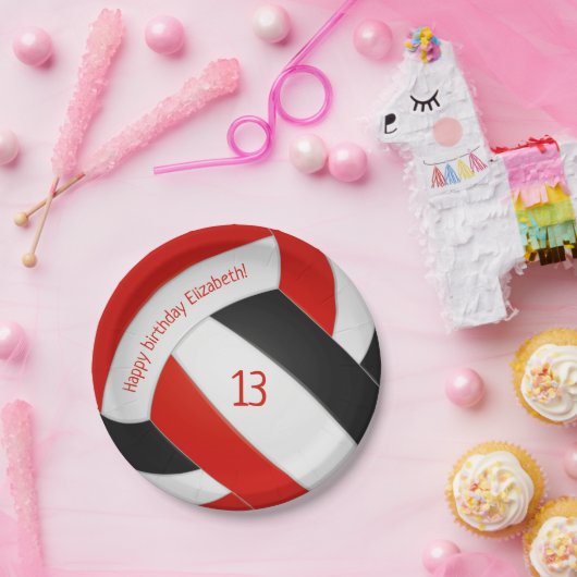 rode zwarte volleybalmeisjes verjaardag papieren bordje (Feest)