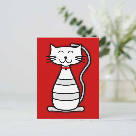 rode zwarte witte cartoon kitten smil briefkaart (Staand voorkant)