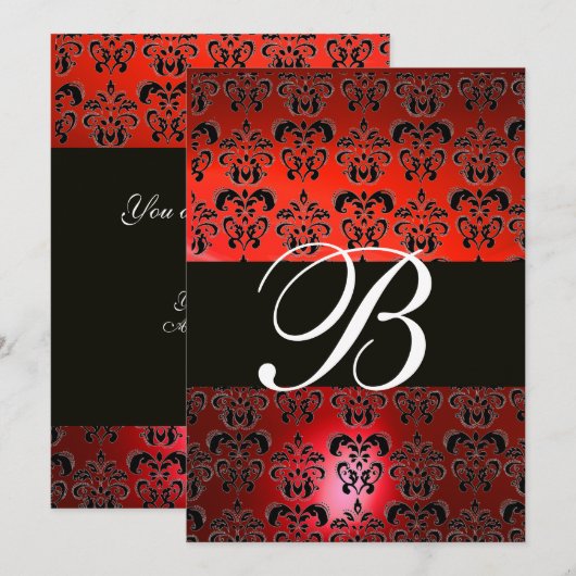 RODE ZWARTE WITTE DAMASKMONOGRAM RSVP KAART (Voorkant / Achterkant)