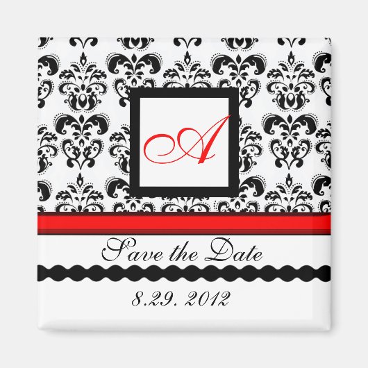 RODE ZWARTE WITTE DAMASKMONOGRAM, sparen de Datum Magneet (Voorkant)