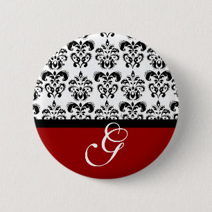RODE ZWARTE WITTE DAMASKWEDINGMONOGRAM RONDE BUTTON 5,7 CM