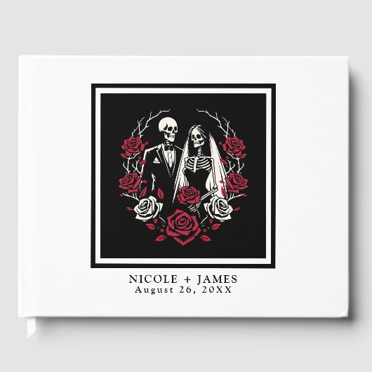 Rode & Zwarte Witte Rozen Skelet Koppel Bruiloft Gastenboek (Voorkant)