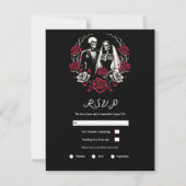 Rode & Zwarte Witte Rozen Skelet Trouw RSVP Kaart (Voorkant)