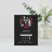 Rode & Zwarte Witte Rozen Skelet Trouw RSVP Kaart (Staand voorkant)