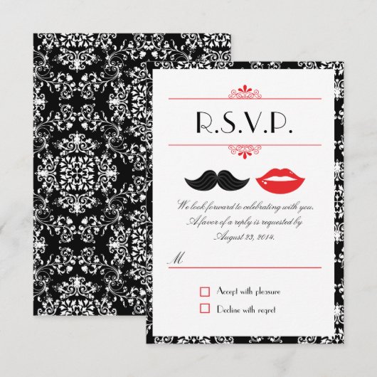 Rode, Zwarte & Witte Snor & Lippen Damask RSVP Kaartje (Voorkant / Achterkant)