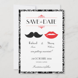 Rode, Zwarte & Witte Snor & Lippen Damast Huwelijk Save The Date