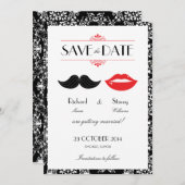 Rode, Zwarte & Witte Snor & Lippen Damast Trouwkaa Save The Date (Voorkant / Achterkant)