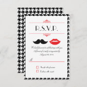 Rode, Zwarte & Witte Snor & Lippen Houndstooth Tro RSVP Kaartje (Voorkant / Achterkant)