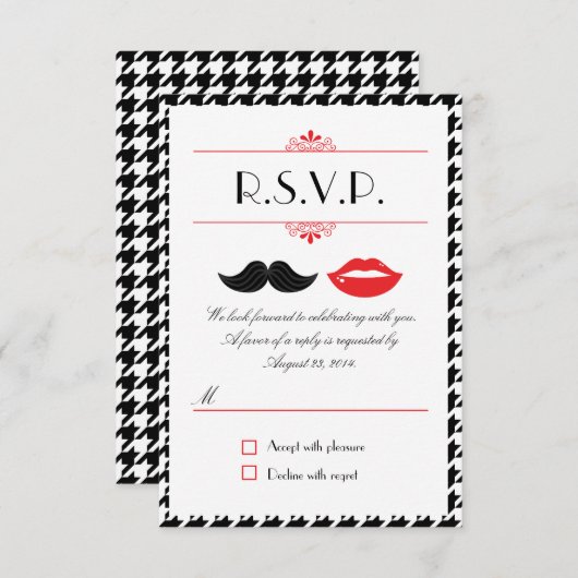 Rode, Zwarte & Witte Snor & Lippen Houndstooth Tro RSVP Kaartje (Voorkant / Achterkant)