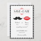 Rode, Zwarte & Witte Snor & Lippen Houndstooth Tro Save The Date (Voorkant)