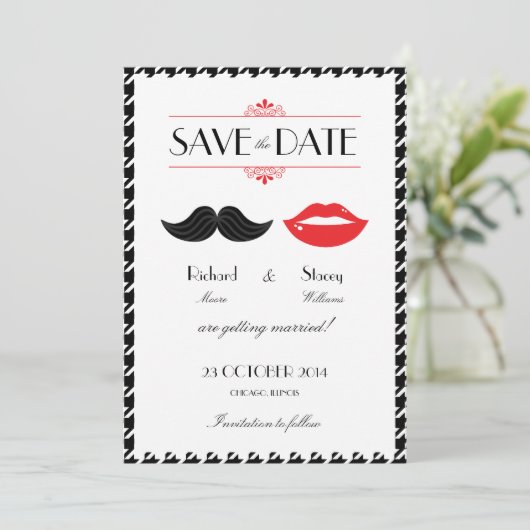 Rode, Zwarte & Witte Snor & Lippen Houndstooth Tro Save The Date (Staand voorkant)